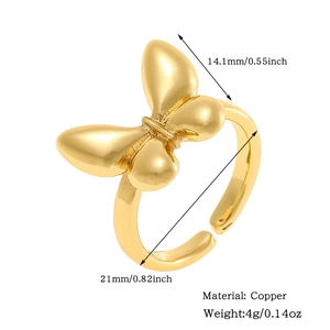 Detailed size chart for golden butterfly open ring with dimensions in inches and mm