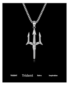 Macro shot of silver trident pendant with polished metal texture and punk style chain
