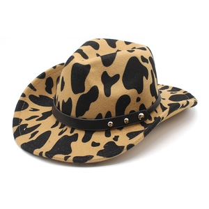 Western wool cow print cowboy hat with wide brim and studded leather band detail