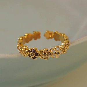 Adjustable gold open ring with enameled flowers and sparkling crystals for women