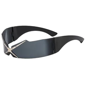 Futuristic frameless Y2K sunglasses with black wrap frame and silver X-shaped bridge