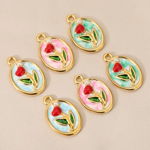 18K gold plated tulip pendants with colorful enamel and pearl accents in three colors