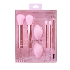 7-piece professional pink makeup brush set with beauty blenders in blister packaging