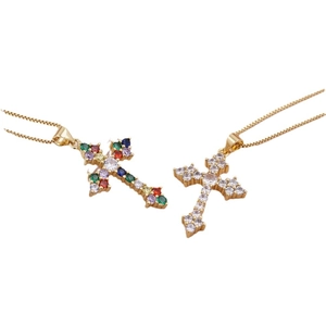 Vintage bohemian gold cross pendant necklace with colorful micro-set cubic zirconia stones