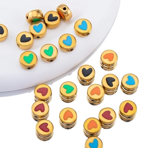 Golden flat round stainless steel beads with colorful enamel hearts for DIY jewelry
