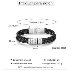 Detailed size specifications of men's triple-layer braided leather bracelet with magnetic clasp
