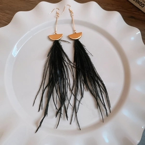 Dettaglio di orecchini lunghi con piume nere e inserti in metallo dorato su ceramica