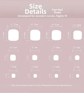 Größentabelle für rosa Katzenaugen-Zehennägel mit 12 Maßen von 6,1 mm bis 17,7 mm Breite