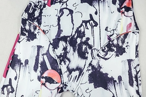 Detailed stitching and abstract graffiti print on high-elastic tight jumpsuit fabric