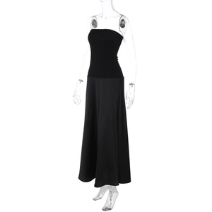 Detailed view of black strapless evening dress with slim fit bodice and A-line long skirt