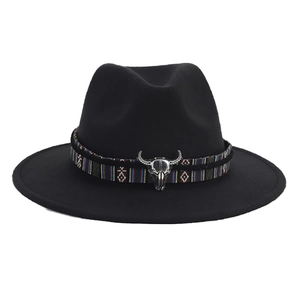 Classic black wool fedora hat with ethnic woven band and silver bull skull ornament