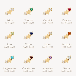 Matrix of gold star stud earrings with 12 colorful birthstones and zodiac text