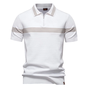 Men's Striped Knit Polo Shirt Short Sleeve Half Zipper Turn-down Collar Business Casual Viscose Blend