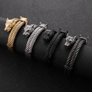 Wolf Head Cuff Bracelet Stainless Steel Cable Wire Viking Punk Rock Gothic Bangle For Men Adjustable Jewelry