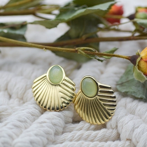 Fan Shaped Stud Earrings Stainless Steel 18K Gold Plated Natural Stone Inlay Retro Bohemian Style Jewelry For Women