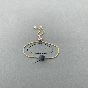 Detail of adjustable 14K gold plated natural amethyst bracelet with 14cm to 23cm length