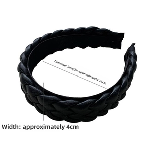 Detail view of black woven PU leather headband with size markings: 14cm diameter and 4cm width