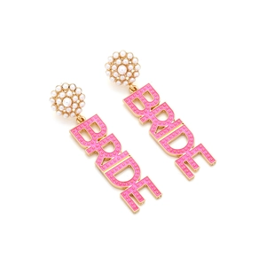 Western style BRIDE dangle earrings with pink enamel, faux pearls and gold alloy finish
