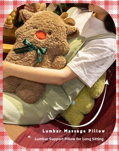 Brown reindeer plush pillow with Christmas ribbon and green back support cushion