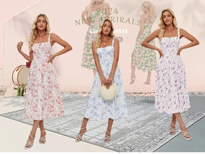 Detailed view of floral summer midi dresses with square necks and side slits in three colors