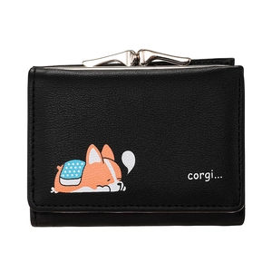 Women's black trifold wallet with silver kiss lock and cute sleeping corgi dog illustration