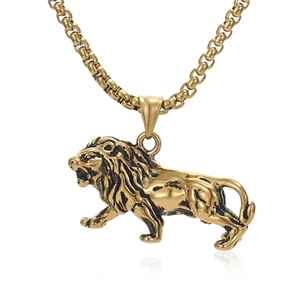 Gothic lion pendant necklace in gold-plated stainless steel with detailed animal carving