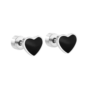 Modern heart shaped stud earrings in silver steel with black enamel and screw back clasp
