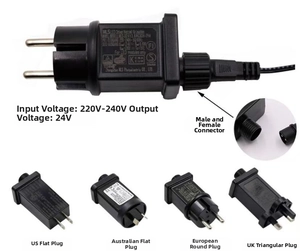 Universal LED tree power adapters with US AU EU UK plugs and 24V male-female connectors