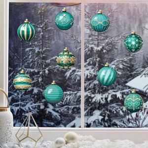 Christmas Window Stickers PVC Teal Gold Ball Snowflake Pattern Static Cling Reusable For Holiday Party Home Glass Decoration