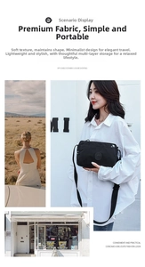 Detail of lightweight black nylon crossbody bag with multi-pocket storage and durable zippers