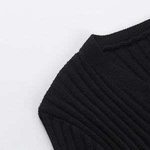 Close-up of black knitted cardigan showing detailed ribbed texture and soft cotton fabric