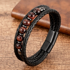Men Multi-Layer Beaded Bracelet Braided Leather Tiger Eye Natural Stone Stainless Steel Magnetic Clasp Retro Trendy Gift