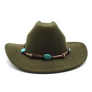 Detail of green wool cowboy hat featuring turquoise stones and woven band decoration