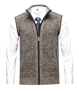Detail of men's stand collar knitted vest with a full zipper and side pockets