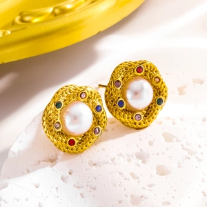 Vintage gold twist earrings with white pearl and multi-color zircon accents for women