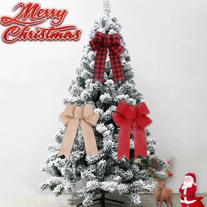 Three assorted burlap Christmas bows in red, plaid and natural styles for holiday trees
