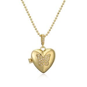 Gold heart locket necklace featuring a butterfly pattern and zircons on a bead chain