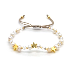 Baroque pearl and crystal gold star bracelet with adjustable beige woven cord