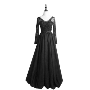 Elegant V-neck evening gown with lace embroidery and sequined long sleeves in black