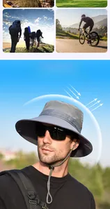 Detail of grey outdoor sun hat with breathable mesh and adjustable chin strap for fishing