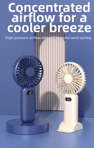 Handheld portable fans in blue and cream with digital speed display and stands