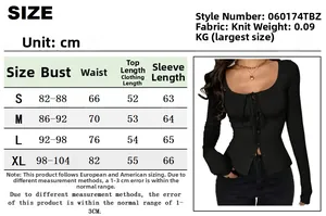 Size chart detail for hollow-out long sleeve T-shirt with measurements from S to XL