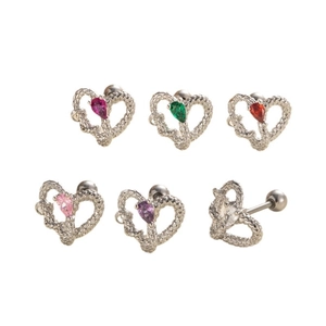 Set of heart-shaped surgical steel cartilage earrings with colorful pear-cut gemstones