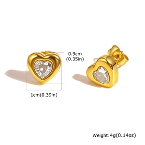 Detailed view of gold heart stud earrings with cubic zirconia and size specifications