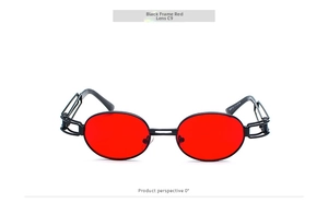 Front view of steampunk sunglasses with red lenses and hollowed-out black metal frames