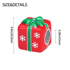 Detail showing dimensions of red Christmas gift box charm with enamel snowflake and ribbon