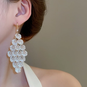 Macro shot of elegant layered acrylic fringe earrings with zircons and gold hooks