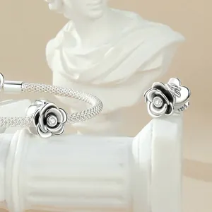 Stereoscopic 925 sterling silver rose flower beads for DIY bracelets and jewelry making