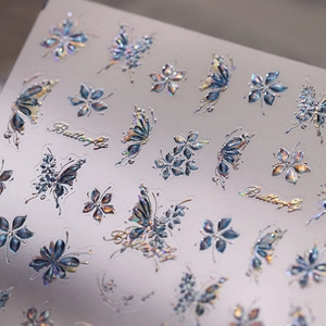 3D holographic laser butterfly nail art stickers with embossed floral textures