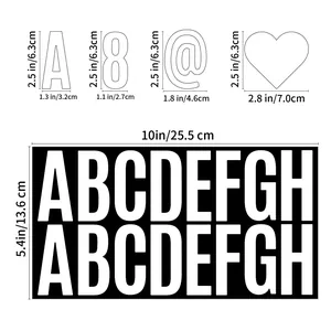 Size chart for 2.5 inch waterproof alphabet stickers showing dimensions for letters and sheets